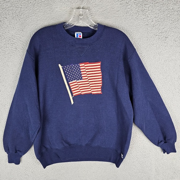 Vtg Russell Athletic Sweatshirt Mens Large Blue USA Flag Embroidered Crew Neck - Picture 1 of 11